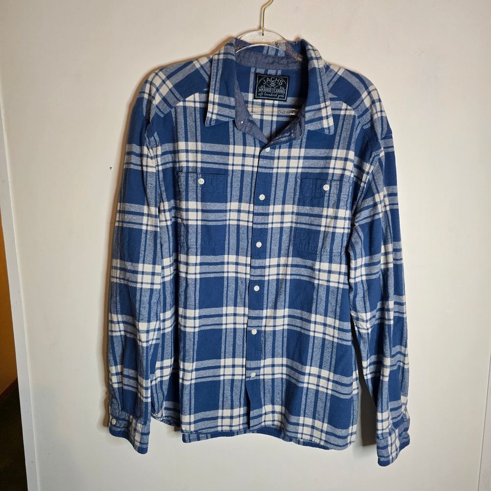 Jachs, Washed Flannel Long Sleeve Button Down Blue Plaid